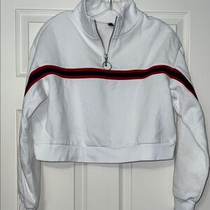 H&M White Cropped Sweatshirt with Red and Black Stripes